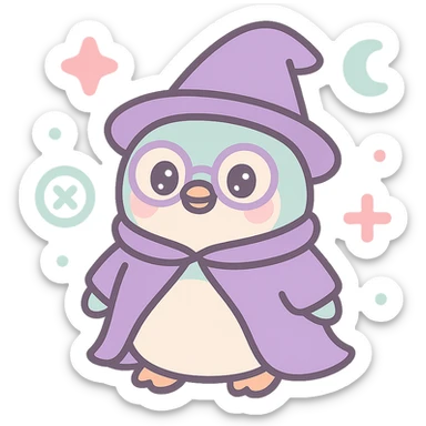 penguin wizard with glasses, purple cloak, surrounded by magical runes, whimsical sticker