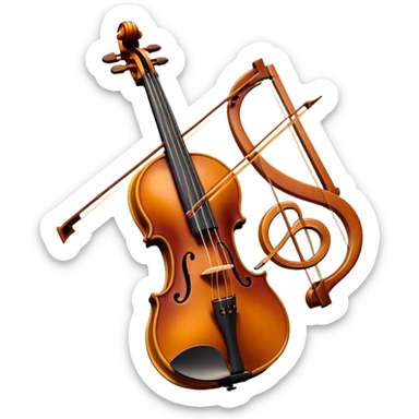Create a sophisticated and artistic emoji representing the 'Macdonald' viola by Antonio Stradivari, with a bow. The design should feature the beautifully crafted viola with its elegant, curved shape and intricate woodwork, positioned alongside a finely crafted bow. Add subtle elements like flowing musical notes to emphasize the sound and artistry of the instrument. Use rich, warm tones like golden brown and deep red to reflect the luxurious nature of the instrument. The background should be transparent sticker