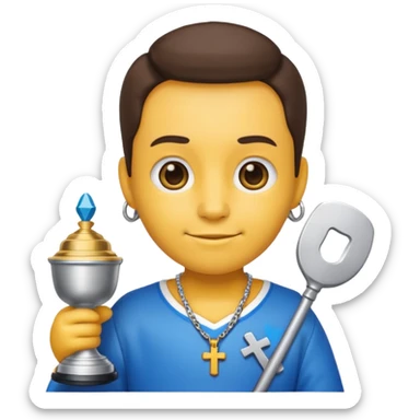 Labubu emoji with cross necklace hold a mini labubu with a blue Stanley cup sticker