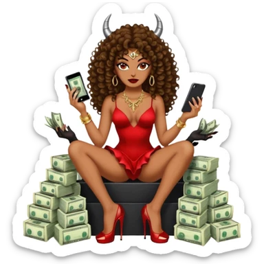 seductress evil brown curly haired sexy drug lord woman with  glitter platform high heels on her feet,  and devil black horns on her head, holding a stack of cash, has a phone in other hand. Sitting on  Cases of drugs. Goddess evil sticker