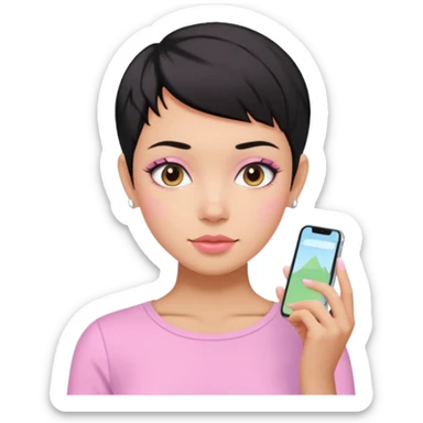 tan girl pink shirt with black hair & a pixie, cut no earrings, doing cute pastel colors skin care sticker