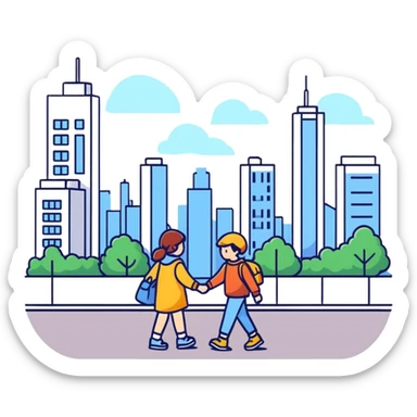 Sister and brother walking in a busy city sticker