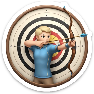 An archer drawing a bow and aiming an arrow at a target, with perfect focus and precision. The target is visible in the background, featuring concentric rings. The scene captures the concentration and skill involved in archery, emphasizing the elegance and accuracy of the sport. sticker