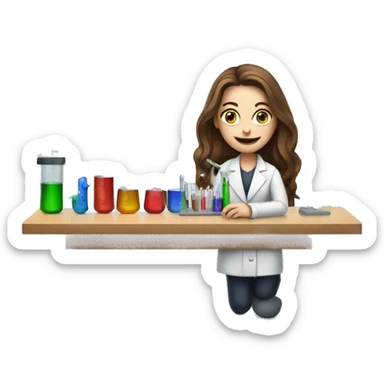 Pale woman with long brown hair at traditional lab bench with beakers and syringes  sticker