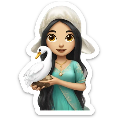 Asian Pakistani girl fairy holding mushroom with swan necklace long black hair and beautiful big eyed sticker