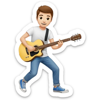 yellow skin Guy with brown hair, white tee, blue jeans and black converse playing a guitar sticker