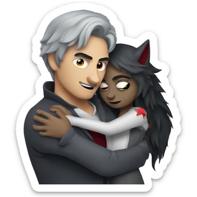 Create a gray wolf hugging a woman disguised as a vampire sticker