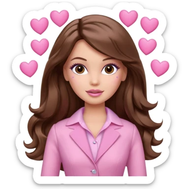 Barbie girl and  makeup , brown long straight wavy hair and brown eyes is In pale pink clothes There are pink hearts all around sticker