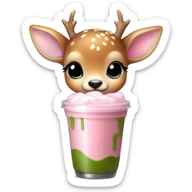 baby deer with fairy wings and a pink bow around its neck drinking iced matcha latte  sticker