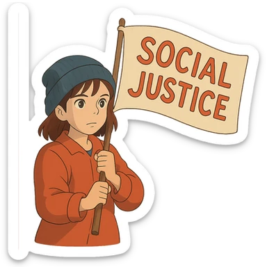 ghibli style girl with blue beanie holding a protest flag for social justice sticker