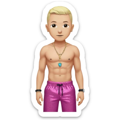 Chester Bennington with blonde hair, dark pink sequin baggy pants, shirtless with necklace  sticker