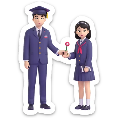 Japanese male high school student giving second uniform button to girl during graduation confession sticker