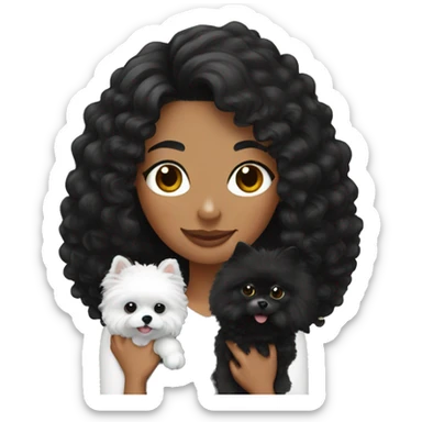 Woman with black curly hair holding black pomeranian sticker