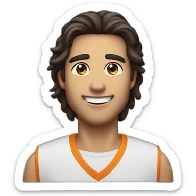 He has an athletic presence and a charming smile that lights up his face. He is tall, with shoulder-length dark hair, small brown eyes with a small nose, and a large mouth. sticker