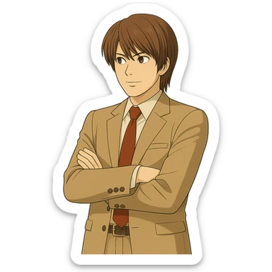 Create an exact Light Yagami in Ghibli style, standing with his arms crossed and looking slightly to the left, wearing the same suit, with the same confident expression. Match the face, hair, and suit details exactly to the reference image. Transparent background. sticker