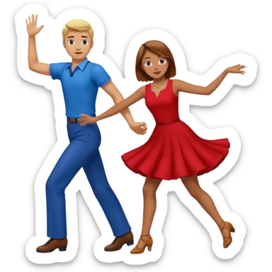 Two people. Man  wearing all red  with brown hair. Women iall blue with blond hair. Swing Dancing.  sticker