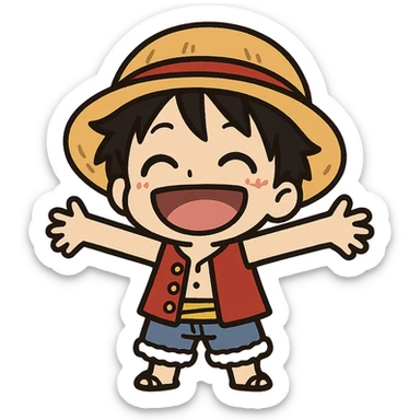 tiny Luffy, straw hat, open arms, joyful expression, simplified features, chibi style, cute character sticker
