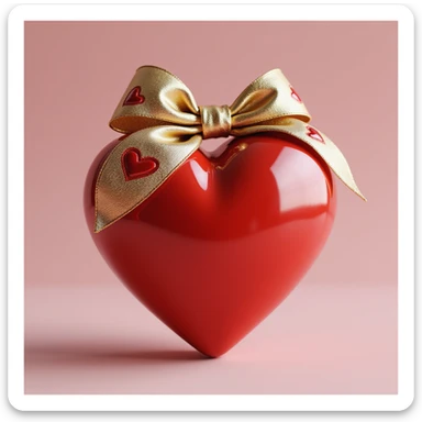 realistic heart with a gold bow decorated with heart pattern on the bow, photorealistic style sticker