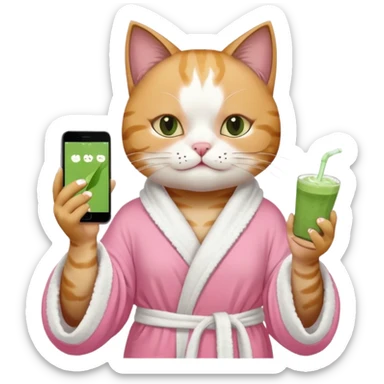 I want a CAT whit a iced macha on her paw and i want her to ne wearing a pink bath rope And she will have a  white face mask on her face and phone on the opisite paw whit the macha sticker