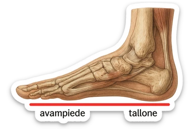 spazio dall'avampiede al tallone umano sottolineato in rosso, fai l'arto umano anatomico realistico con evidenza su quel tratto sticker