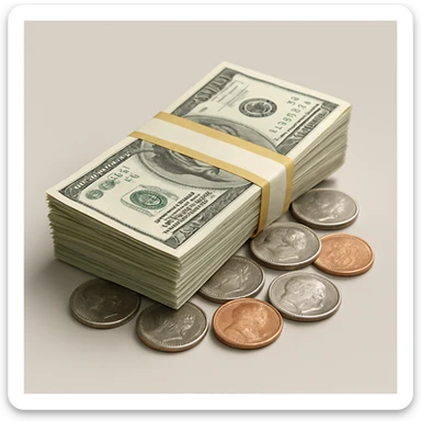 realistic emoji of a pile of cash and coins, detailed, photorealistic sticker