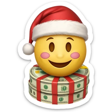 A festive 3D emoji style yellow smiley face wearing a Santa hat, surrounded by stacks of cash and dollar bills, joyful expression, Christmas and New Year theme, high quality, clean design, studio lighting, no text, no background, isolated object, transparent background, emojis.com style sticker