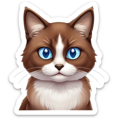 Cinematic Grumpy Brown Mantle Snowshoe Cat Portrait Emoji, Head tilted slightly with a deeply unimpressed expression, rich brown fur blanketing its back, contrasted by its signature white paws, chest, and face, piercing icy-blue eyes narrowed into an unamused glare, Simplified yet comically expressive features, highly detailed, glowing with a dry, sarcastic glow, high shine, effortlessly judgmental yet dignified, stylized with a touch of cynicism, bright but brooding, soft glowing outline, capturing the essence of an eternally unimpressed yet endearing feline, so lifelike it feels like it could sigh heavily at you in disdain at any moment! sticker