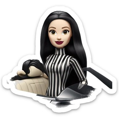 Darth Vader Barbie, 1910 teen Morticia Addams from academy, in dark-gray and black striped outfit. Smiling Driving Mercedes convertible sports car. Pale-white porcelain skin.  sticker