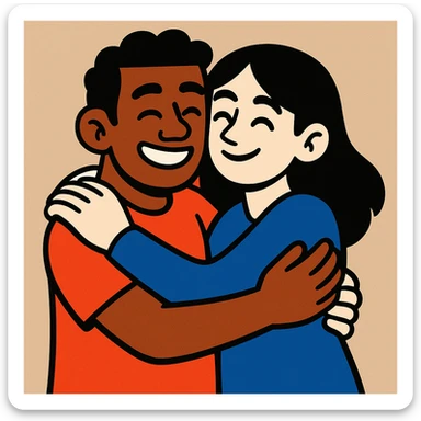 brown-skinned man and white-skinned woman with black hair hugging, cartoon style, neutral background sticker