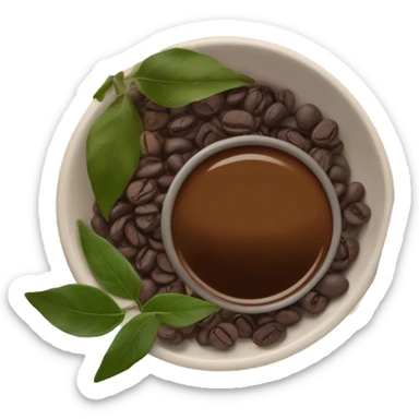 Flat-lay of a natural gray hair remedy: a bowl of dark paste, henna leaves, coffee beans, oil bottle, and a wooden brush on a warm earthy background. Title: 'Cubre las Canas de Forma Natural sticker