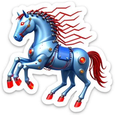 fast electric horse made of electricity, metal plates, bolts, visible blue and red wires, lightning surrounding it sticker