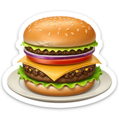 Draw a hamburger on a plate using a downward-facing look, ensuring the object remains stationary without rotation or tilt. sticker