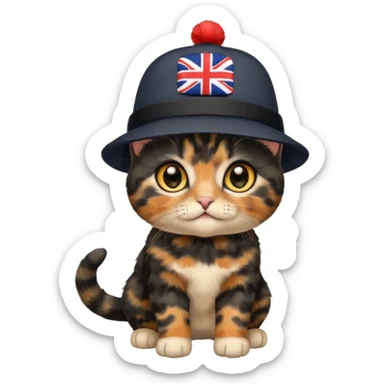 Cute black tortoiseshell kitten wearing a british hat, golden eyes sticker