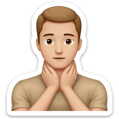 man with hands cross holding up to neck sticker