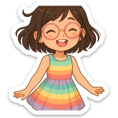 cute teen girl with round pink and gold glasses, wearing a cute rainbow dress, cheerful expression, stylized and wholesome, focus on cuteness and fashion sticker