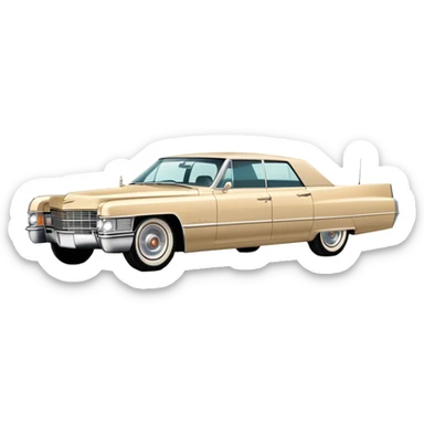 Streamlined beige 1966 Cadillac DeVille, minimal design language, 30-degree view showing simplified front and side, Once Upon a Hollywood reference, iOS emoji style sticker