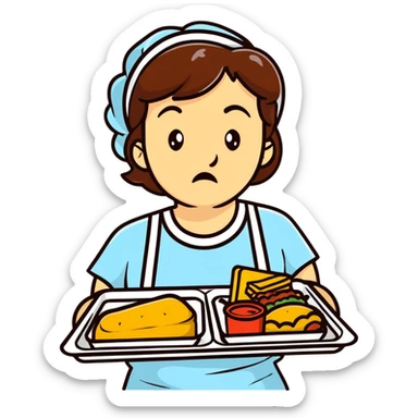 cartoon sticker of a lunch lady with a disgusted expression, holding a tray of gross food sticker