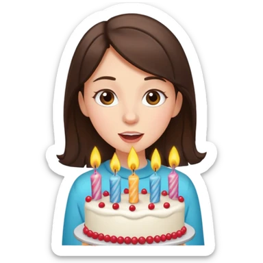 brunette girl blowing out candles on a birthday cake, joyful, party decorations sticker