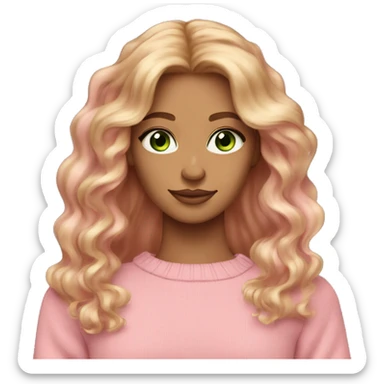 Dark blonde red hair girl tan skin pink sweater pink makeup green eyes gold earrings pink nails wavy long hair sticker