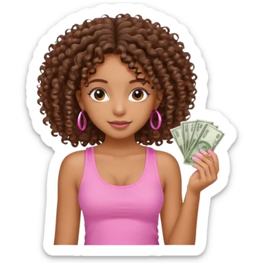 Uma menina com o cabelo cacheado é morena, e com uma regata rosa com unha em gel, é com Baby hair ,e com dinheiro na mão ,𓍢ִ໋🀦⃝🪼〰꩜ sticker