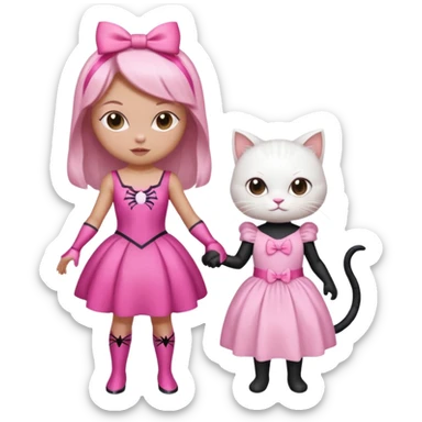 A spider-themed superhero character holding hands with a cute white cat character in a pink dress and a pink bow sticker