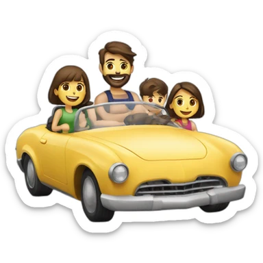 Brunette-bearded man-and-brunette-girl along with 2 boys -roadster-car made of food -driving sticker