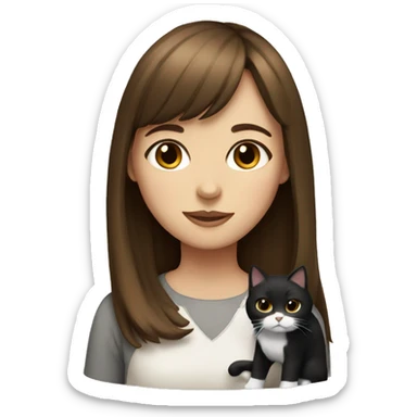 A brown haired girl with bangs with a black and white cat  sticker