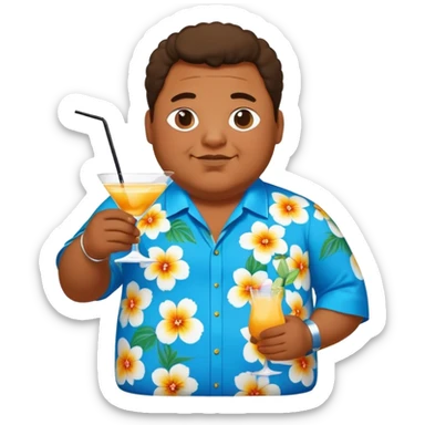 chubby guy full figure in a flowered azure havai shirt holding a cocktail sticker