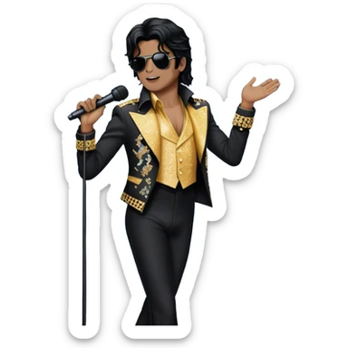 Create a dynamic and stylish emoji representing pop vocal performance with a vintage stage microphone as the central element, surrounded by iconic elements of Michael Jackson’s stage presence. Include a silhouette of his famous glittering jacket or sequined gloves, paired with the microphone to evoke his unique style. Add dramatic musical notes swirling around the microphone and jacket to symbolize the energy and showmanship of pop vocals. Use bold colors like gold, black, silver, and white to reflect the glamour and electrifying performance of a pop legend. The background should be transparent. sticker