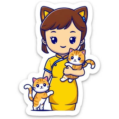 girl with brown hair and bangs wearing yellow qipao with a gray tabby cat sticker