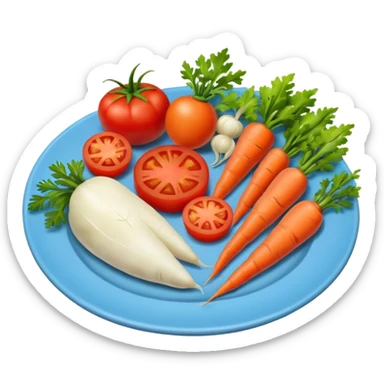 a plate of food with meat and vegetable and carot and tomato sticker