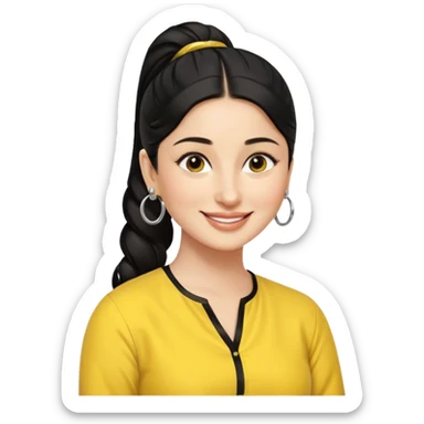 generate a pretty bratz emoji that looks like Kareena Kapoor's Geet character. 
Make her wear a yellow kurti, silver hoops, black hair in a ponytail. smiling big

She should look like Kareena Kapoor sticker