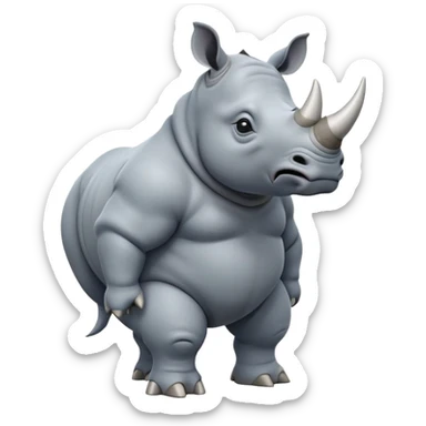 cinematic-rhino-full-body-standing-emoji,white horn, slate grey/blue skin -massive-body-poised-powerfully,-thick-horn-curving-slightly-forward,-head-tilted-dramatically,-rough-grey-hide-covered-in-dust,-simplified-focused-features, large cute black eyes sticker