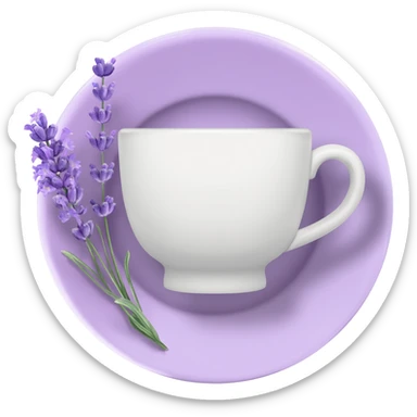 White teacup on a pastel purple plate, lavender flowers on the side, pastelcore aesthetic sticker